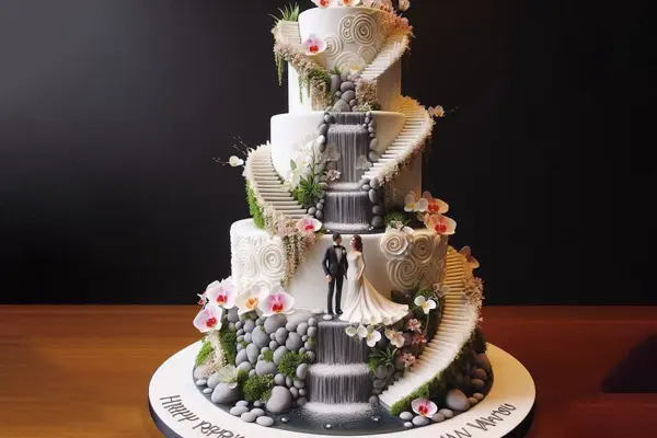 ماکت کیک عروسی : کیک سه طبقه به شکل راه پله ای که از کوه بالا میرود با سنگ و ماکت عروس و داماد تزیین شده