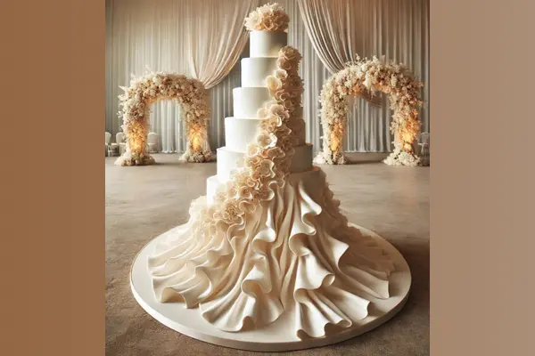 ماکت کیک عروسی : کیکی بزرگ 7 طبقه به صورت دامن عروس تزیین شده
