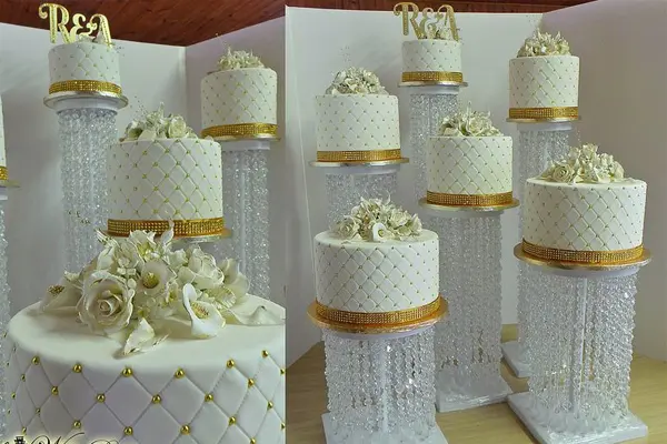 کیک عروسی : 10 عدد کیک مینیمال سفید بر روی پایه با ارتفاع متفاوت