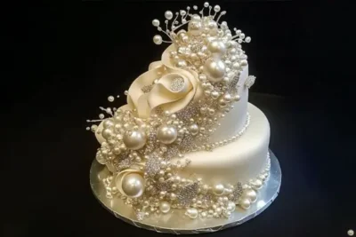 کیک عروس دو طبقه صدفی رنگ با تزئین مروارید و گل رز صدفی