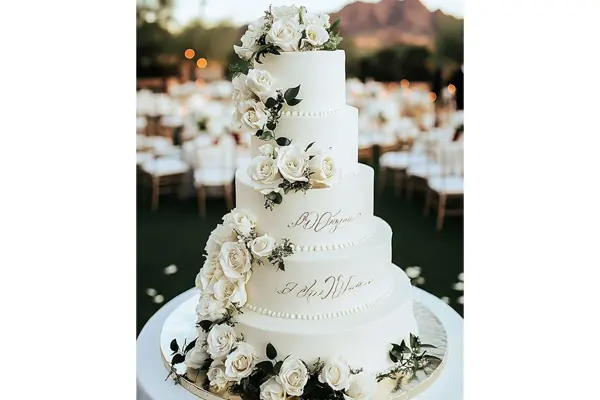 کیک عروس 5 طبقه با تزئین گلهای طبیعی رز سفید