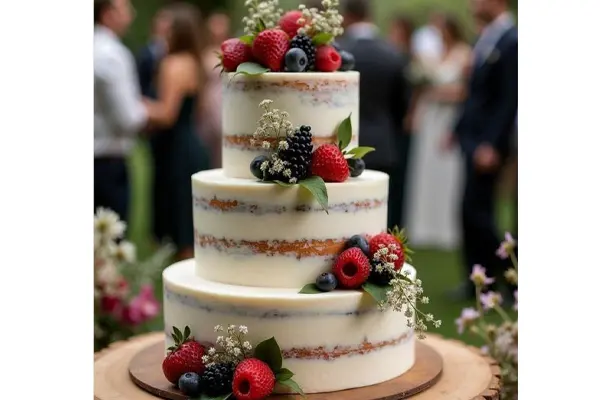 کیک عروسی روستیک با تزئین بلوبری و تمشک قرمز