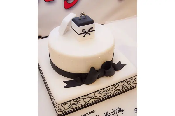 کیک عروس گرد یک طبقه مینیمال با پاپیون مشکی و جعبه حلقه روی کیک 