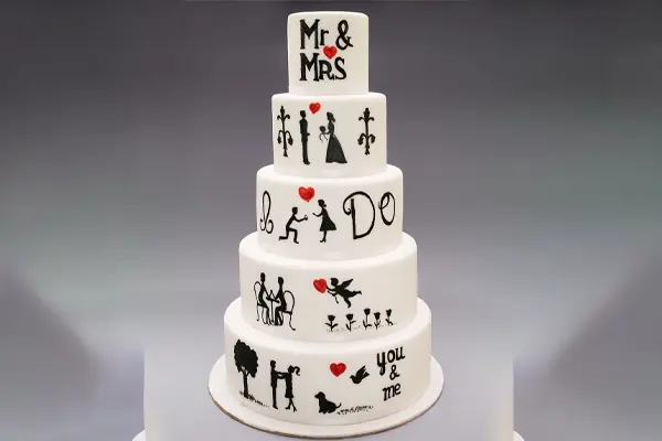 کیک عروس 5 طبقه با المانهای روی کیک بصورت ترتیب آشنایی تا ازدواج