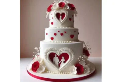 سفارش کیک نامزدی : کیک سه طبقه سفید با حکاکی قلبی شکل و گلهای سفید و قرمز