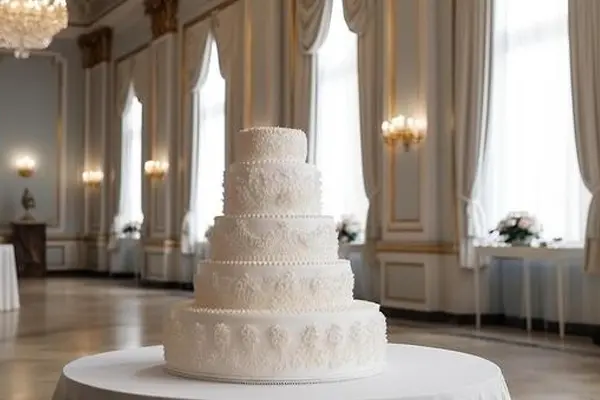 کیک عروسی کلاسیک 5 طبقه سفید رنگ با تزئین خامه وسط سالن