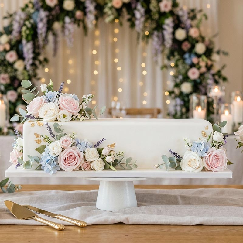 کیک عروسی مستطیلی با گل طبیعی